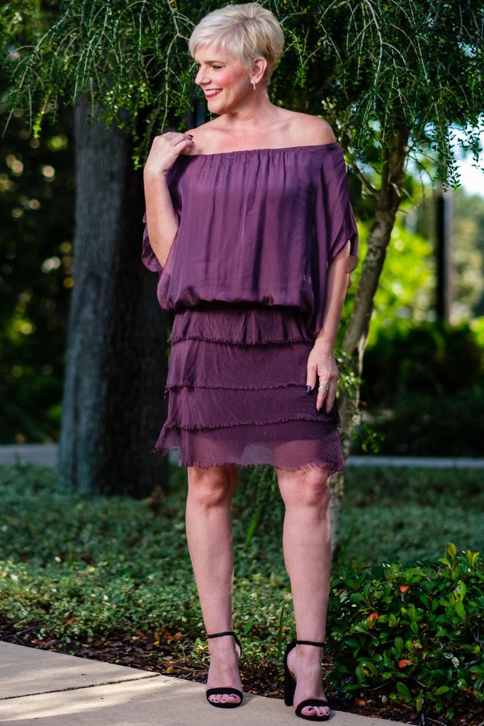 Aurora Flutter Fly Sleeve Silk Top w/ Band Bottom - Purple- Tees By Tina