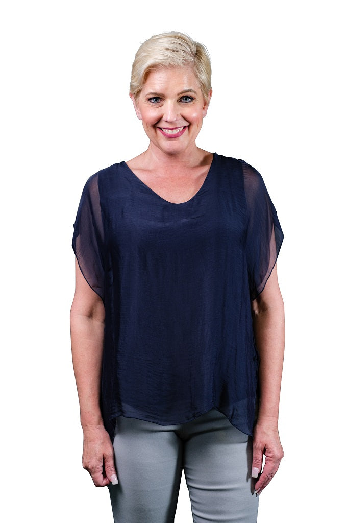 Alyssa Silk Flutter Sleeve Top - Navy - Tees By Tina