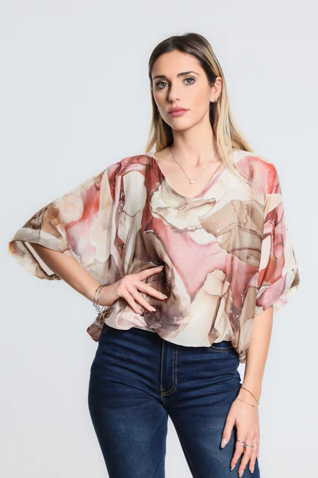 Abella Zing Band Waist Silk Top - Beige - Tees By Tina