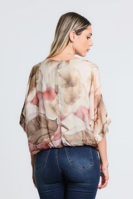 Abella Zing Band Waist Silk Top - Beige - Tees By Tina