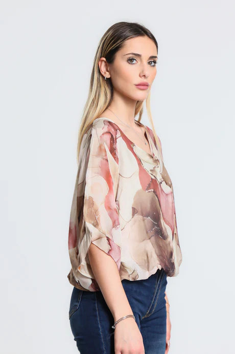 Abella Zing Band Waist Silk Top - Beige - Tees By Tina