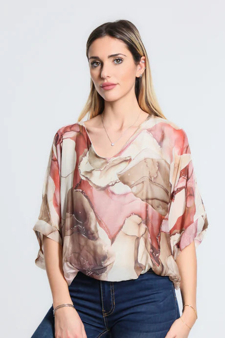 Abella Zing Band Waist Silk Top - Beige - Tees By Tina