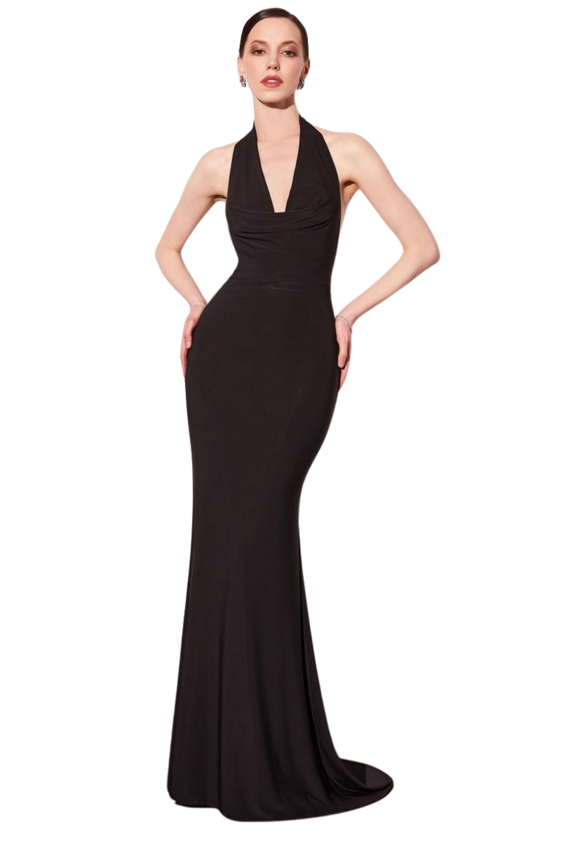 Woman wearing a black evening gown on a white background