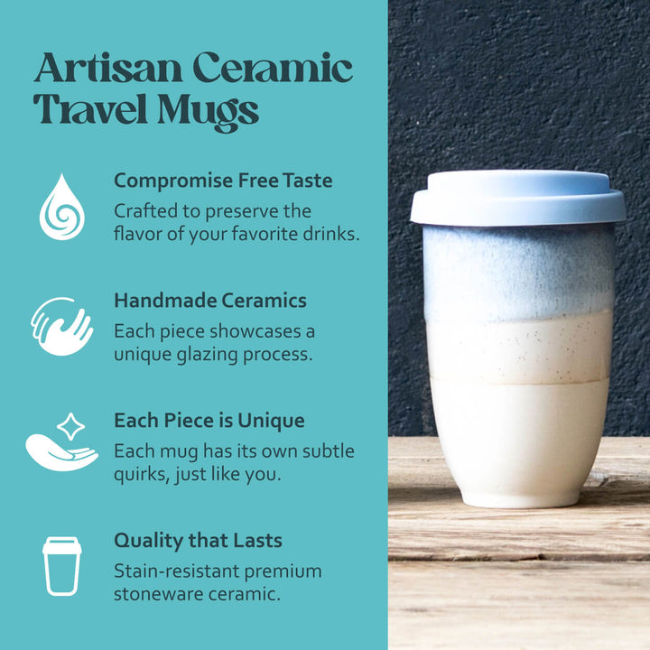 Artisan ceramic travel mug with text highlighting features on a teal background