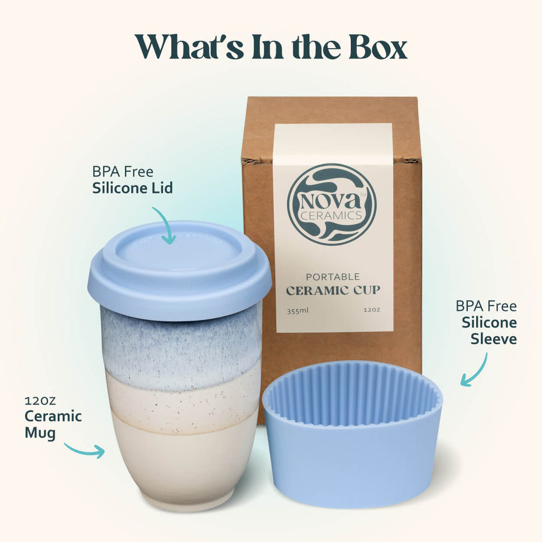 Portable ceramic cup with BPA-free silicone lid and sleeve, shown with packaging labeled &