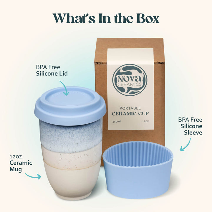 Portable ceramic cup with BPA-free silicone lid and sleeve, shown with packaging labeled &