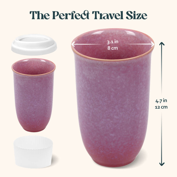 Purple travel mug with dimensions labeled on a white background