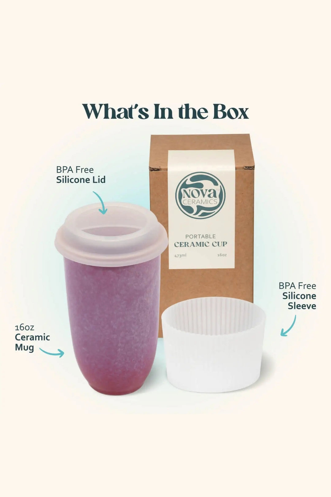 Nova Portable Ceramic Cup set shown with its packaging and included accessories on a light cream background. The set includes a 16oz purple ceramic mug with a translucent pink lid, a white silicone sleeve, and a brown cardboard box labeled &