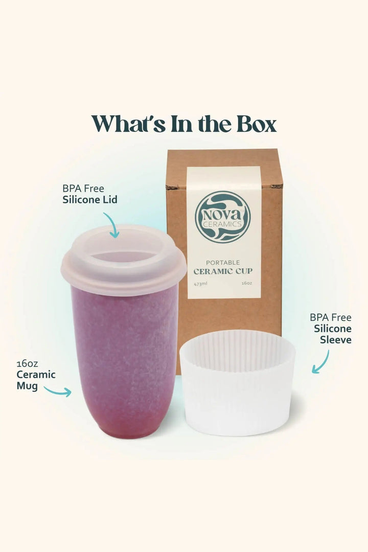 Nova Portable Ceramic Cup set shown with its packaging and included accessories on a light cream background. The set includes a 16oz purple ceramic mug with a translucent pink lid, a white silicone sleeve, and a brown cardboard box labeled &