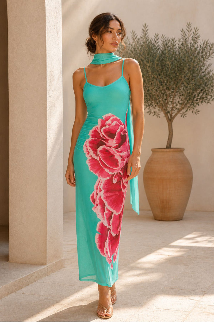 Mesh Mint Dress with Flowers