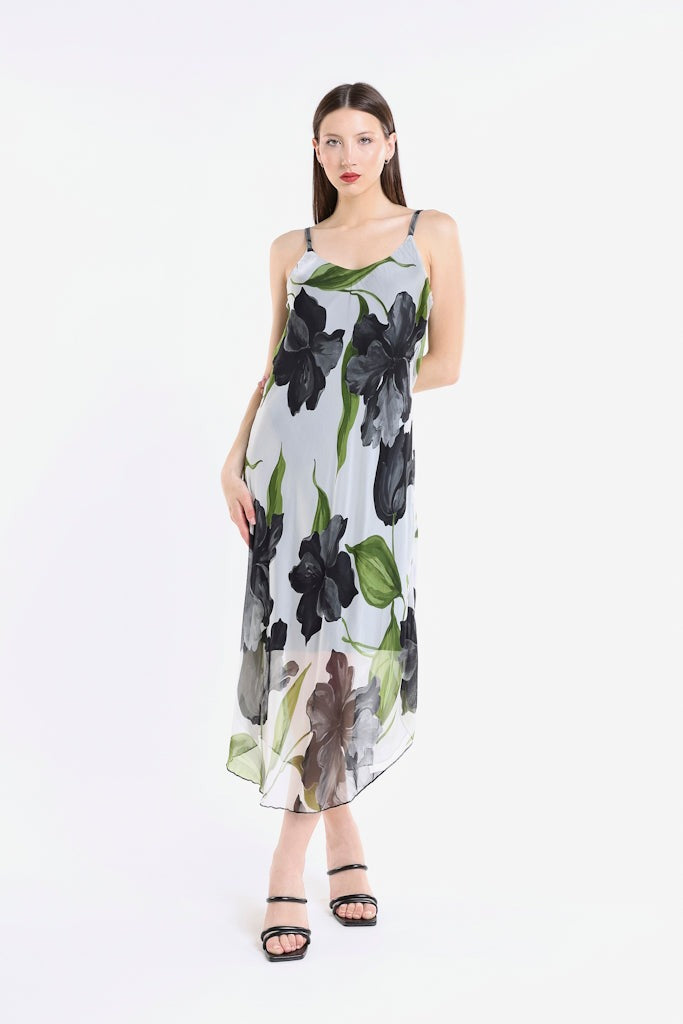 Rachel Iris Print Silk Midi Dress - Black - Tees By Tina