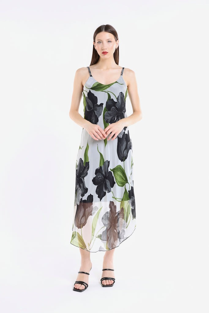 Rachel Iris Print Silk Midi Dress - Black - Tees By Tina