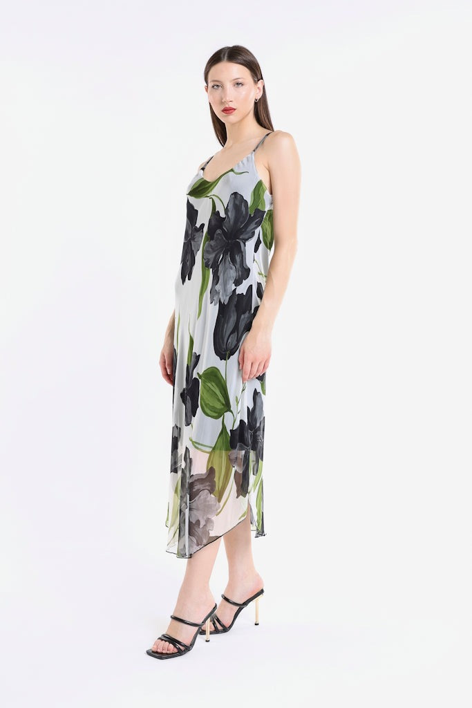 Rachel Iris Print Silk Midi Dress - Black - Tees By Tina
