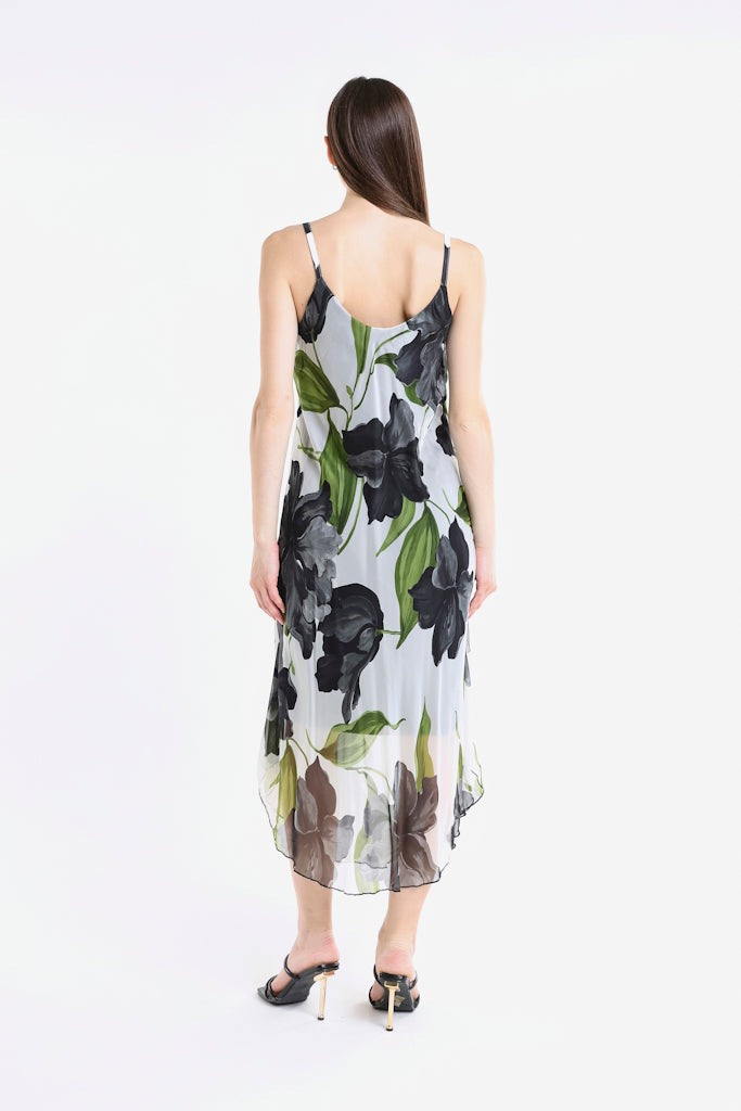 Rachel Iris Print Silk Midi Dress - Black - Tees By Tina