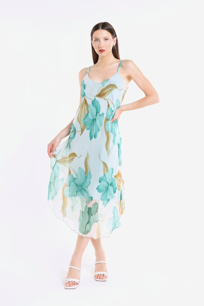 Rachel Iris Print Silk Midi Dress - Turquoise - Tees By Tina
