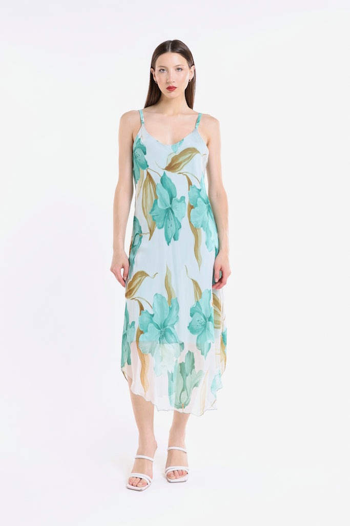 Rachel Iris Print Silk Midi Dress - Turquoise - Tees By Tina