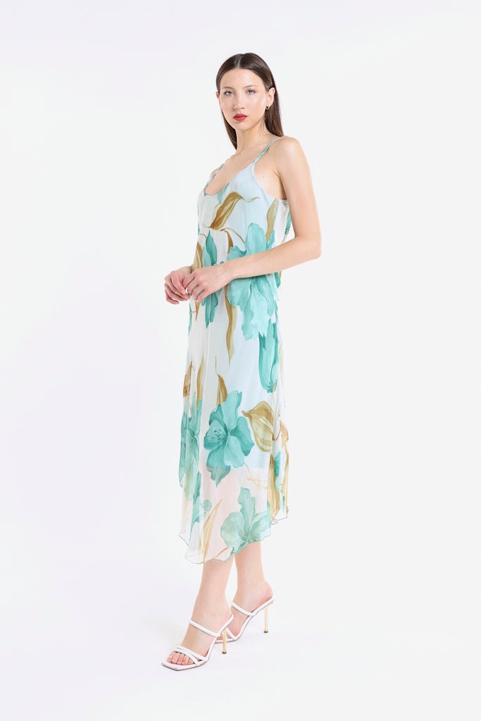 Rachel Iris Print Silk Midi Dress - Turquoise - Tees By Tina