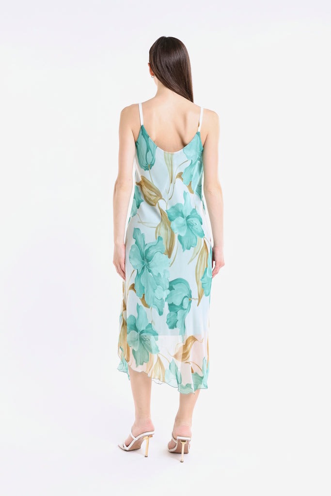 Rachel Iris Print Silk Midi Dress - Turquoise - Tees By Tina