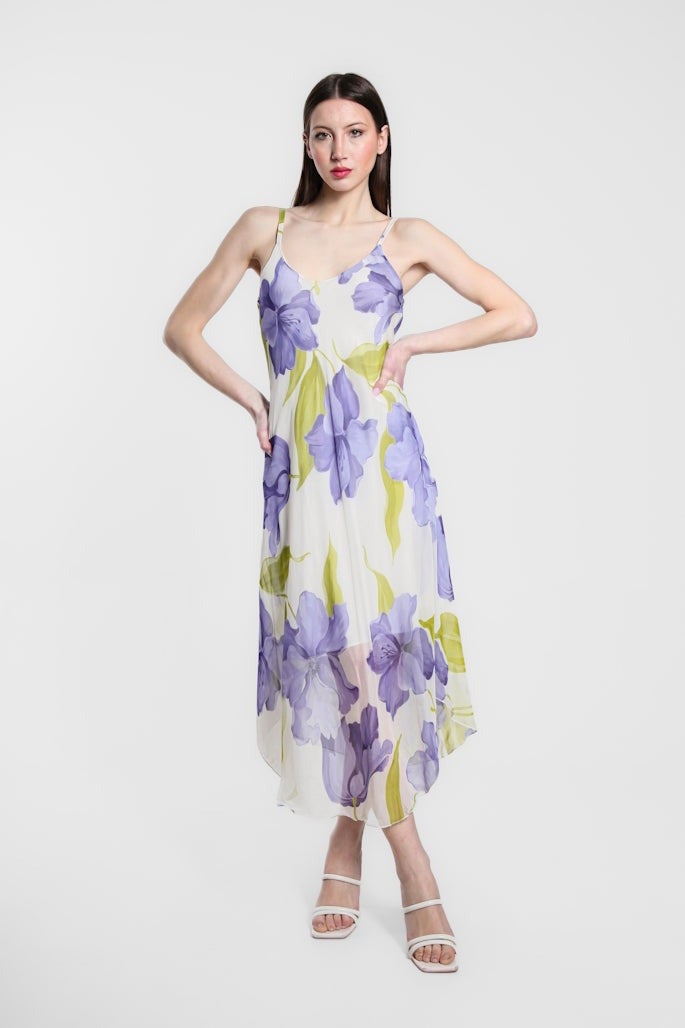 Rachel Iris Print Silk Midi Dress - Lilac - Tees By Tina