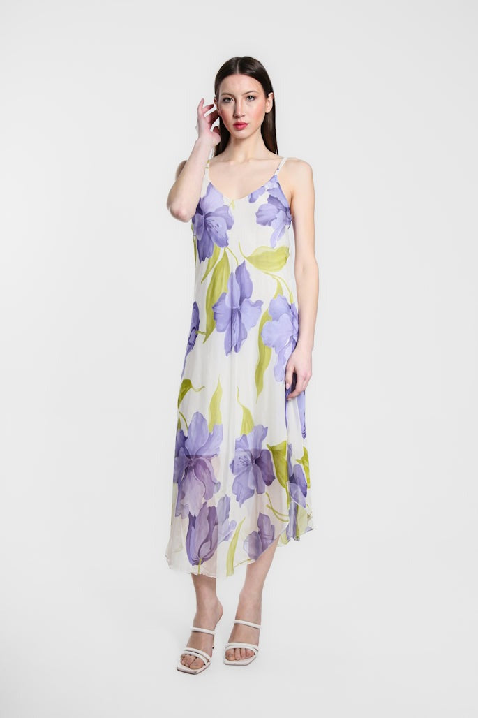 Rachel Iris Print Silk Midi Dress - Lilac - Tees By Tina