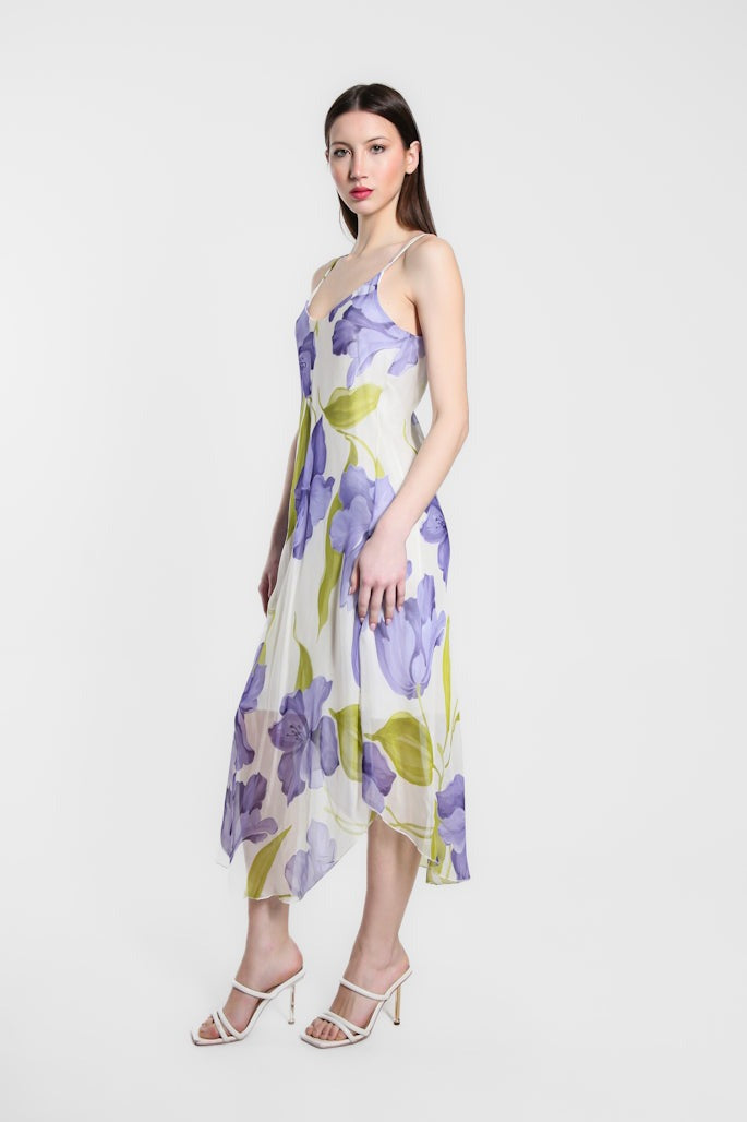 Rachel Iris Print Silk Midi Dress - Lilac - Tees By Tina