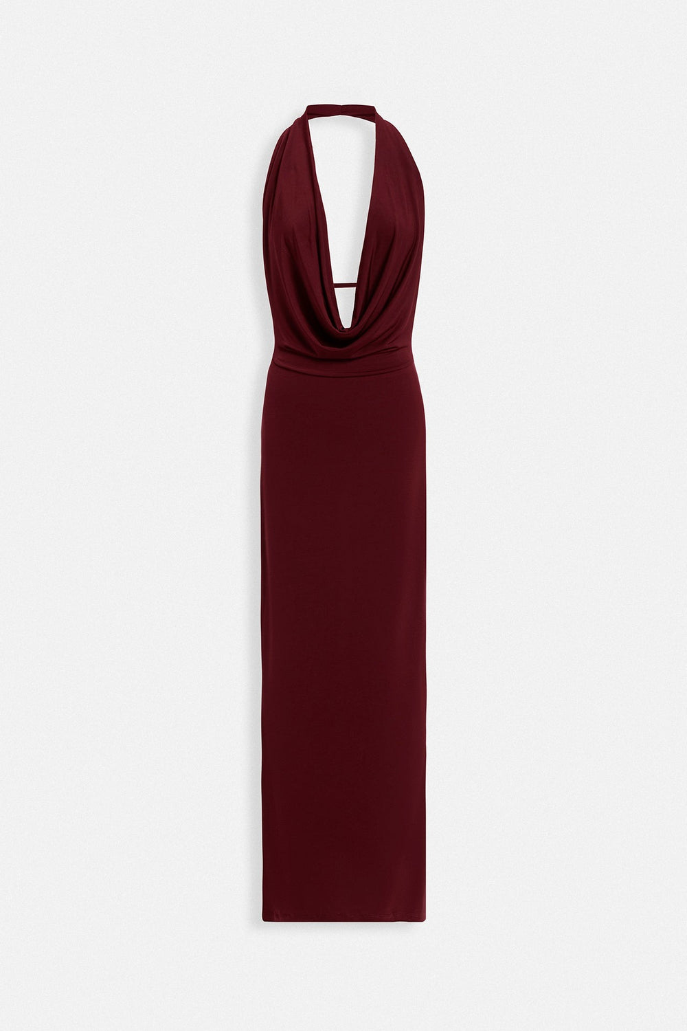 Burgundy halter neck dress on a white background