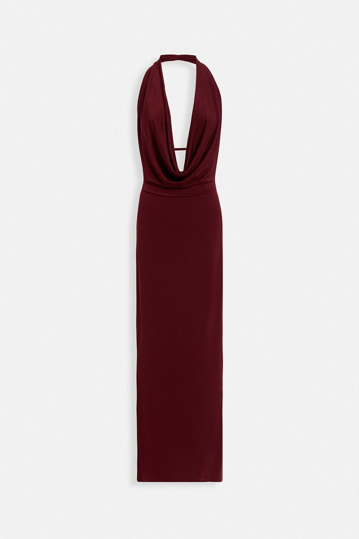 Burgundy halter neck dress on a white background