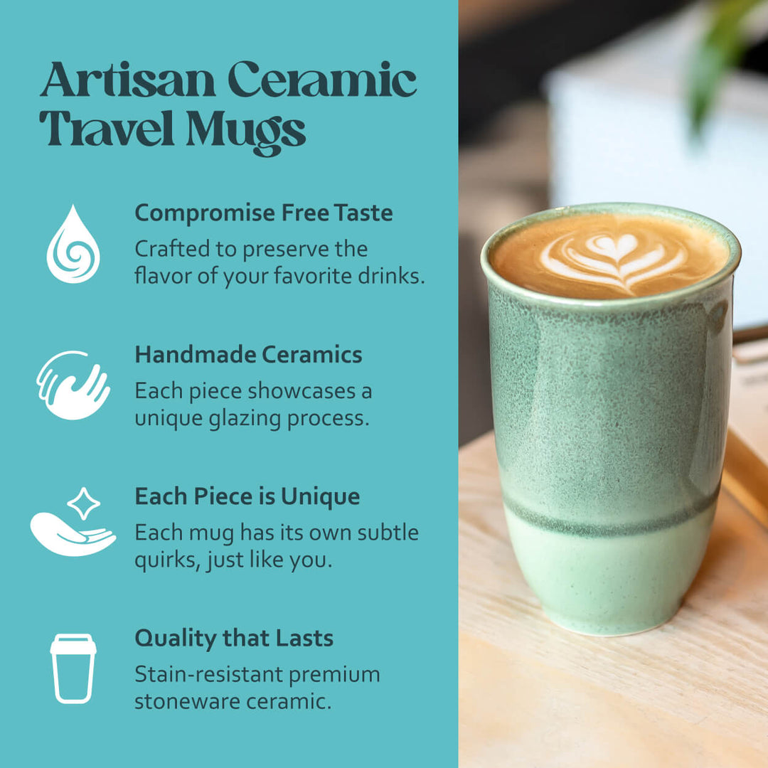 Artisan ceramic travel mug with latte art on a wooden surface, accompanied by text about the product.