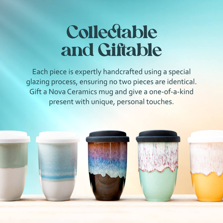 Collection of Nova Ceramics mugs with text highlighting their collectability and giftability.