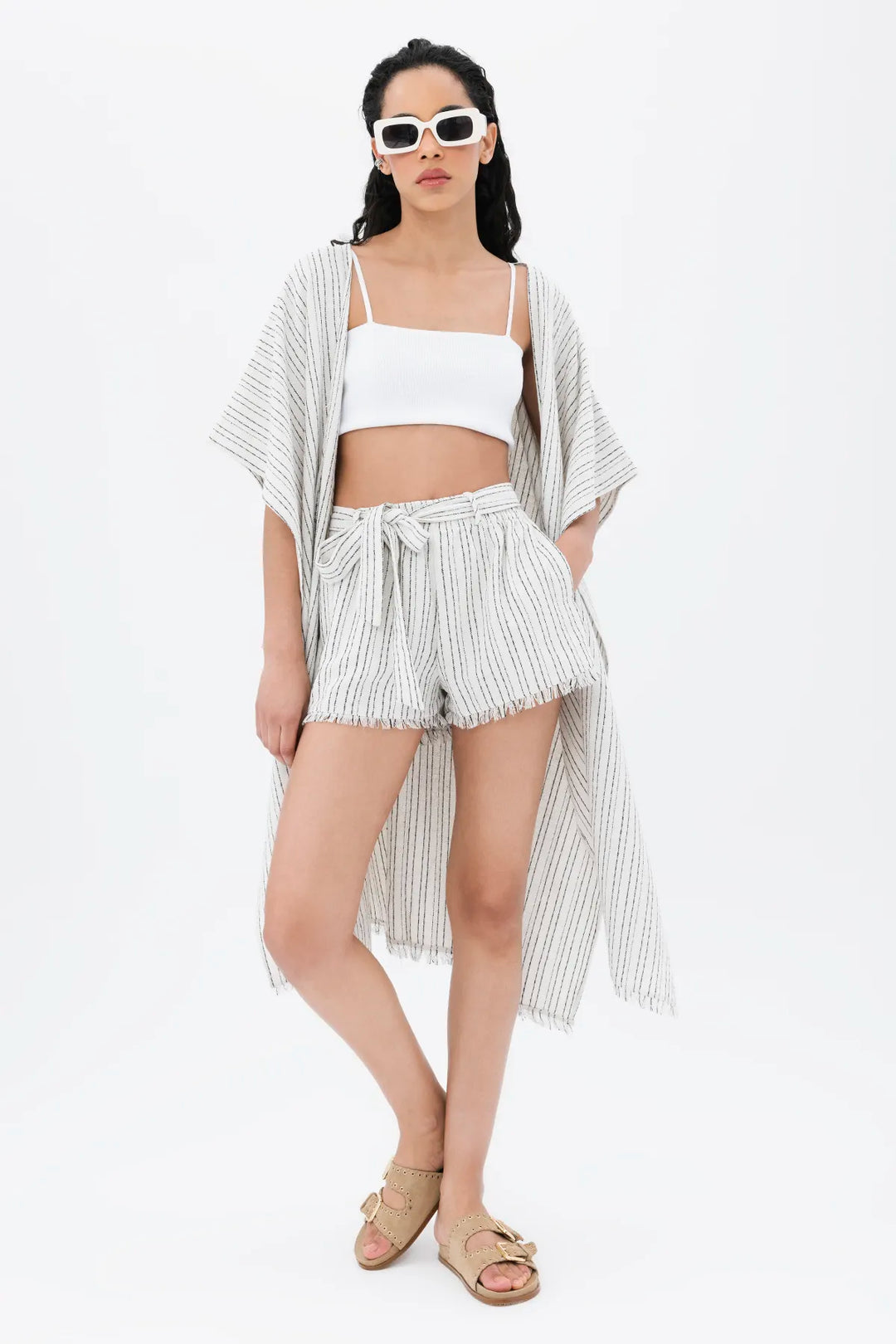 Fringe Striped Linen Shorts