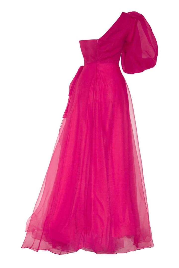 Tulle Single Sleeve Maxi Dress - Fuchsia