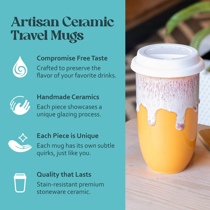 Artisan ceramic travel mug with unique glazing process on a wooden surface, next to promotional text about the product.