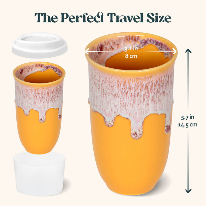 Yellow travel mug with white lid and measurement details on a white background
