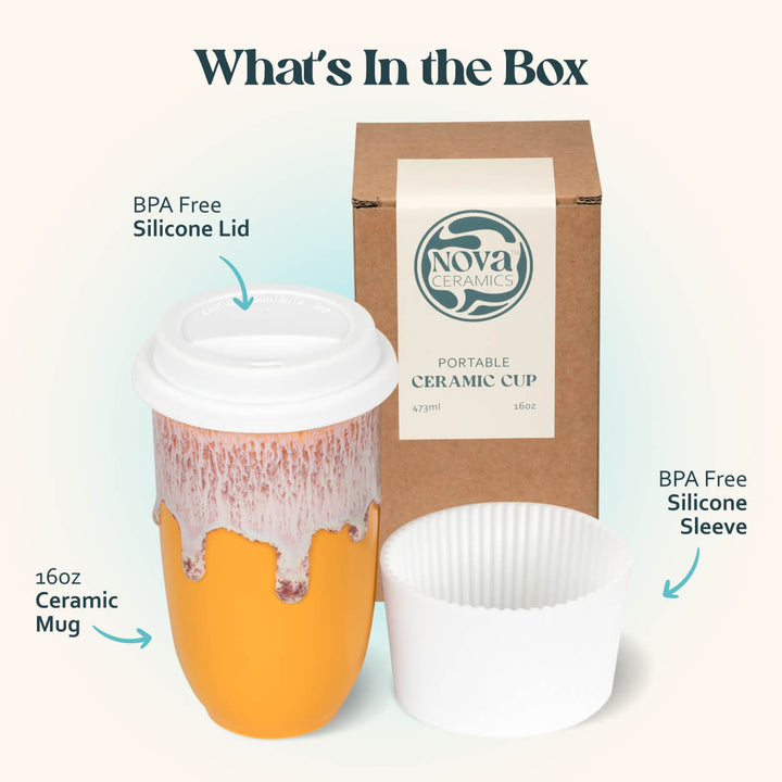 Portable ceramic cup with BPA-free silicone lid and sleeve, shown with packaging and accessories.