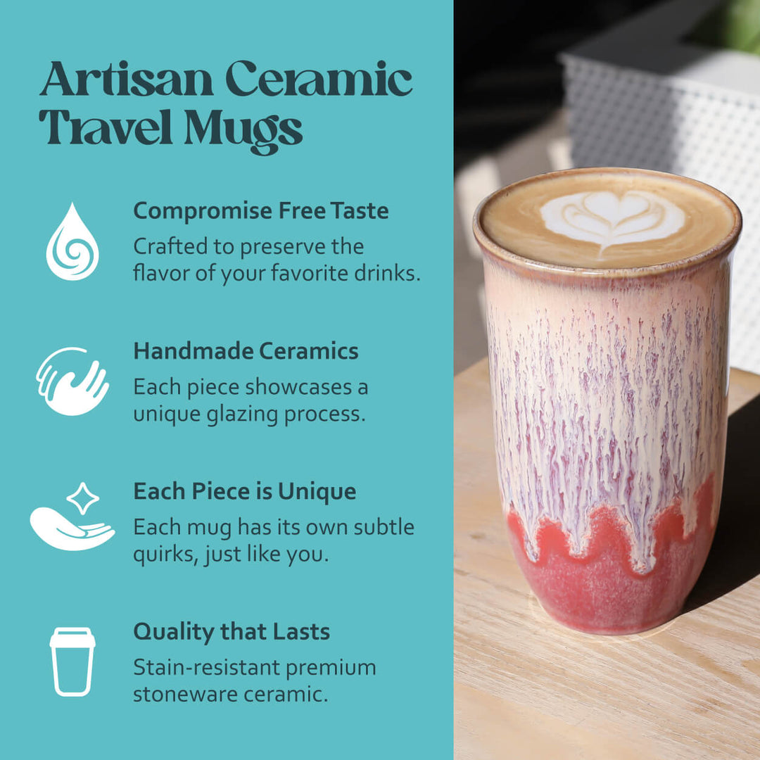Artisan ceramic travel mug with a unique glazing pattern on a wooden surface, accompanied by text about the product.