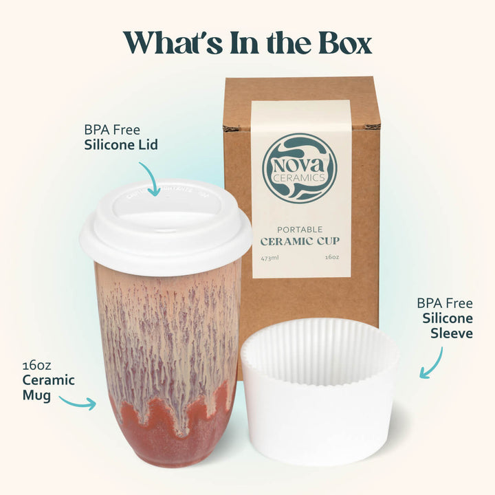 Nova Ceramics portable ceramic cup with BPA-free silicone lid and sleeve on a white background