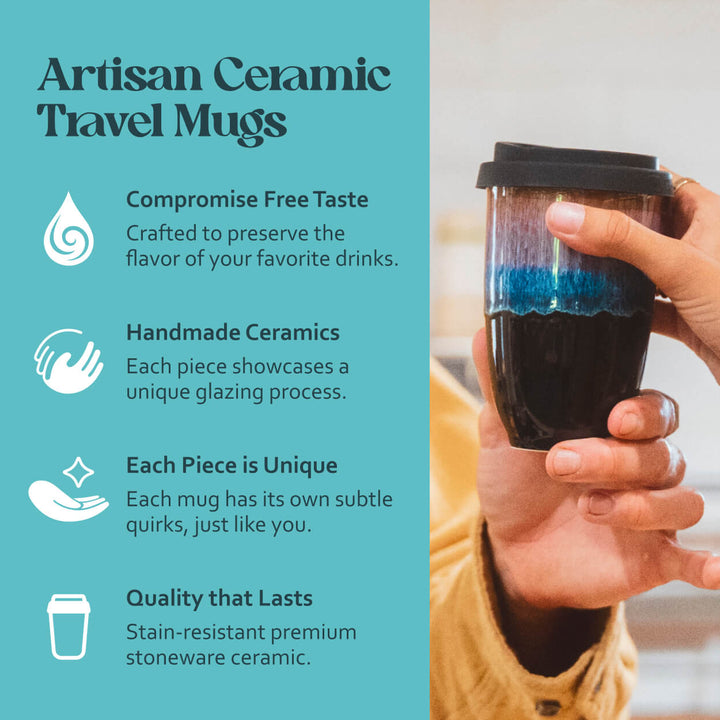 Artisan ceramic travel mug with text highlighting features on a teal background