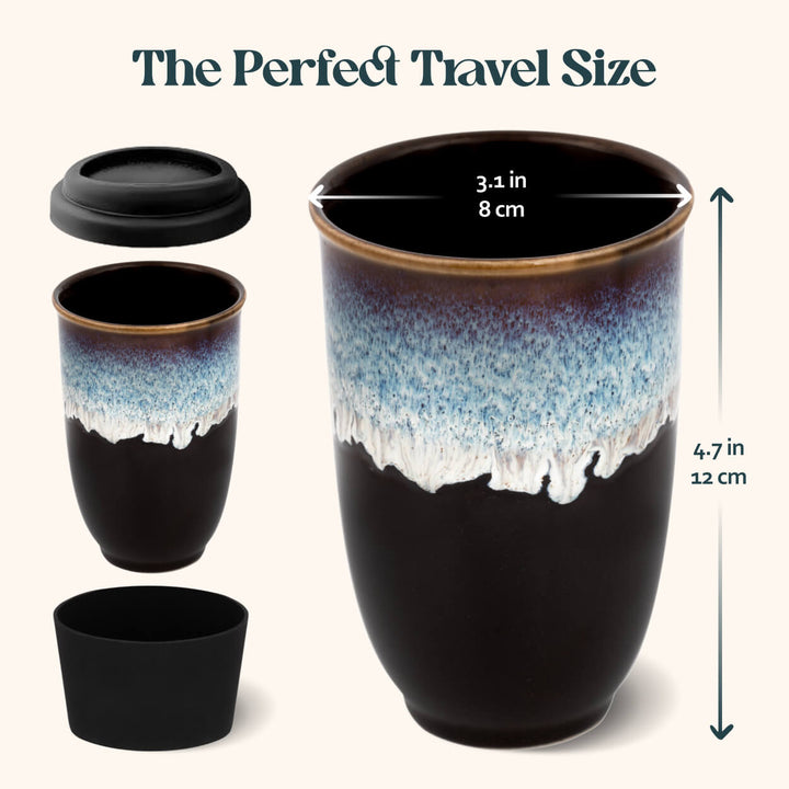Black ceramic tumbler with gradient design and measurement details on a white background