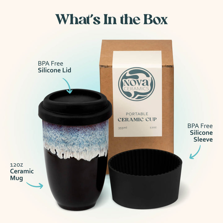 Nova Ceramics portable ceramic cup with BPA-free silicone lid and sleeve, shown with packaging.