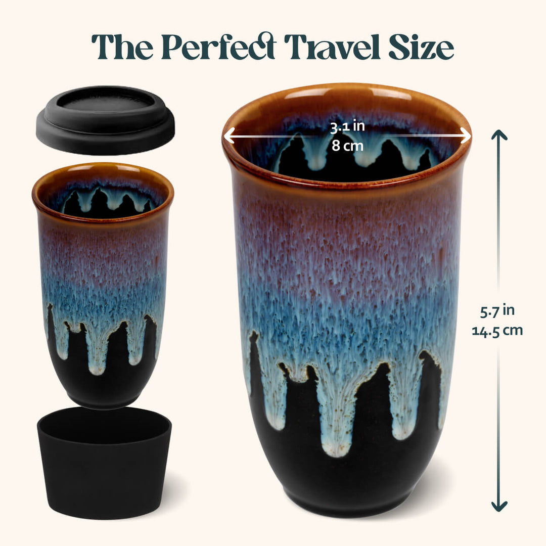 Travel mug with measurements and additional components on a white background