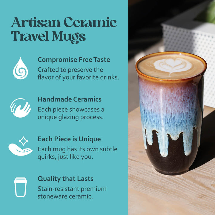 Artisan ceramic travel mug with gradient design on a wooden surface, accompanied by text about the product.