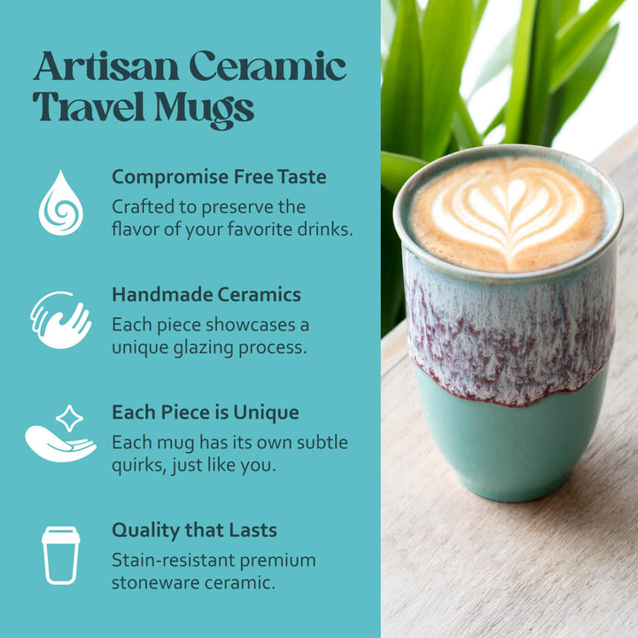 Artisan ceramic travel mug with latte art on a wooden surface, accompanied by text about the product.