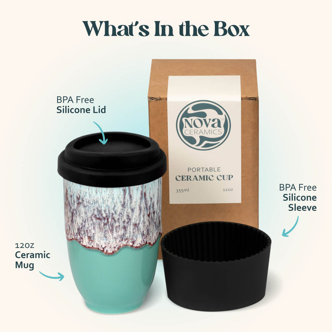 Turquoise ceramic mug with black lid and sleeve, Nova Ceramics packaging, and text indicating product features.