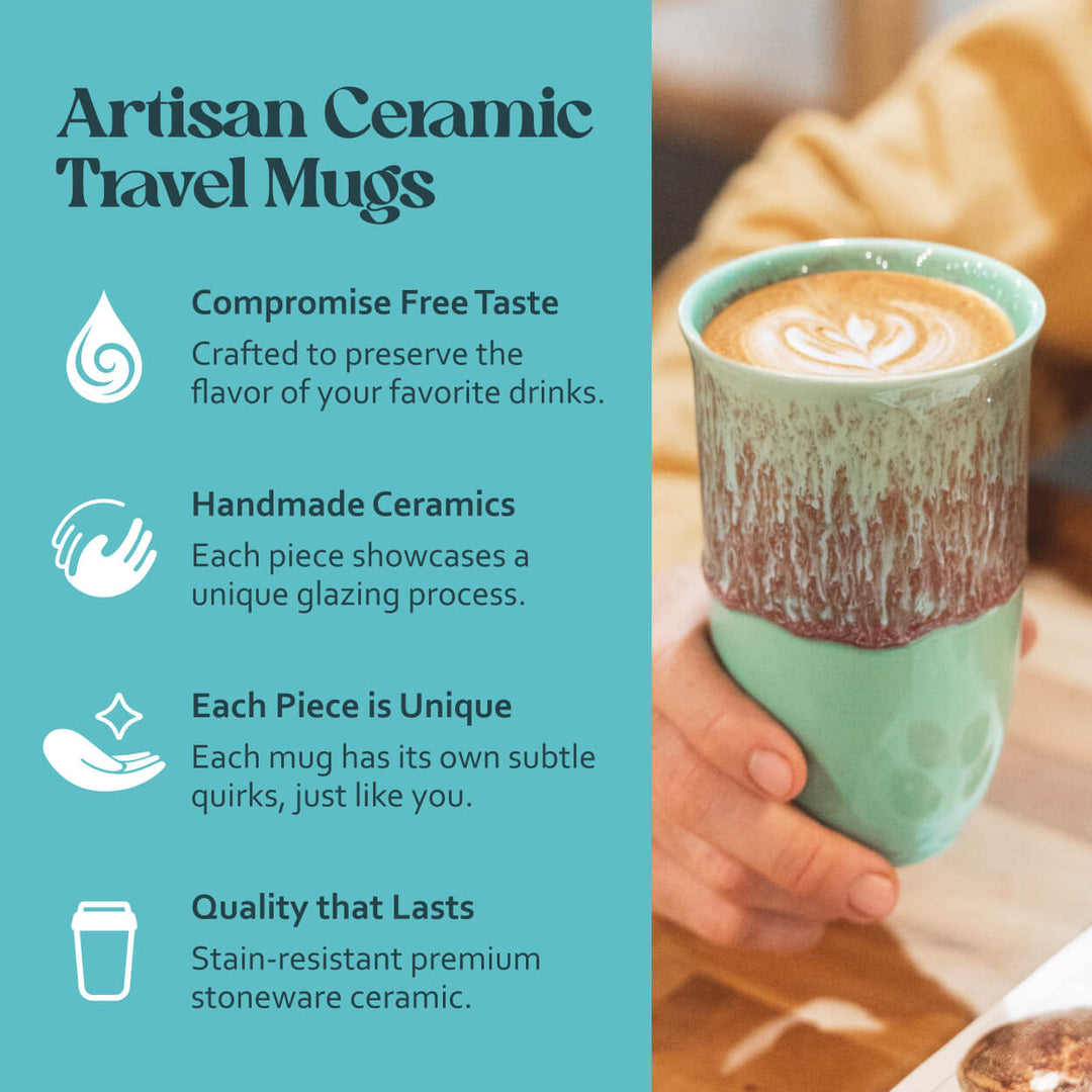 Artisan ceramic travel mug with a hand holding it, featuring text about the product&