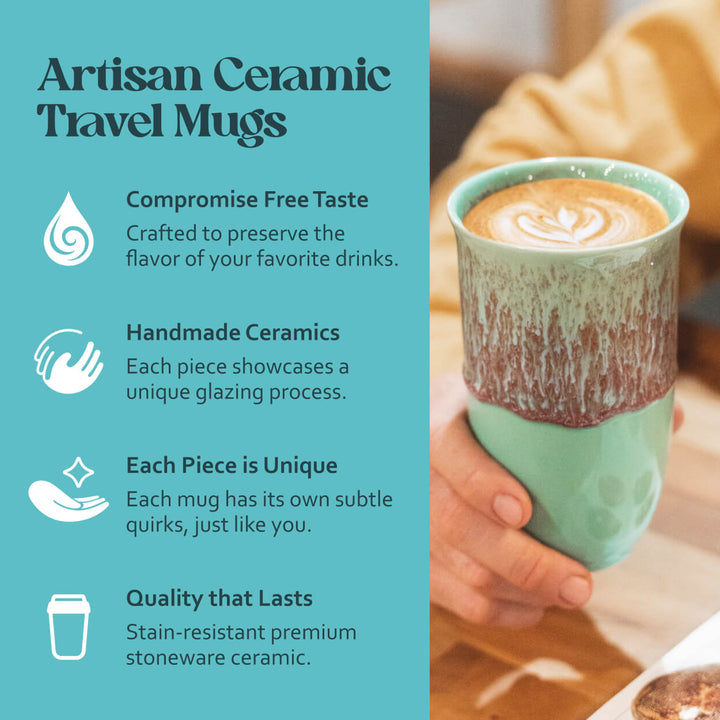 Artisan ceramic travel mug with a hand holding it, featuring text about the product&