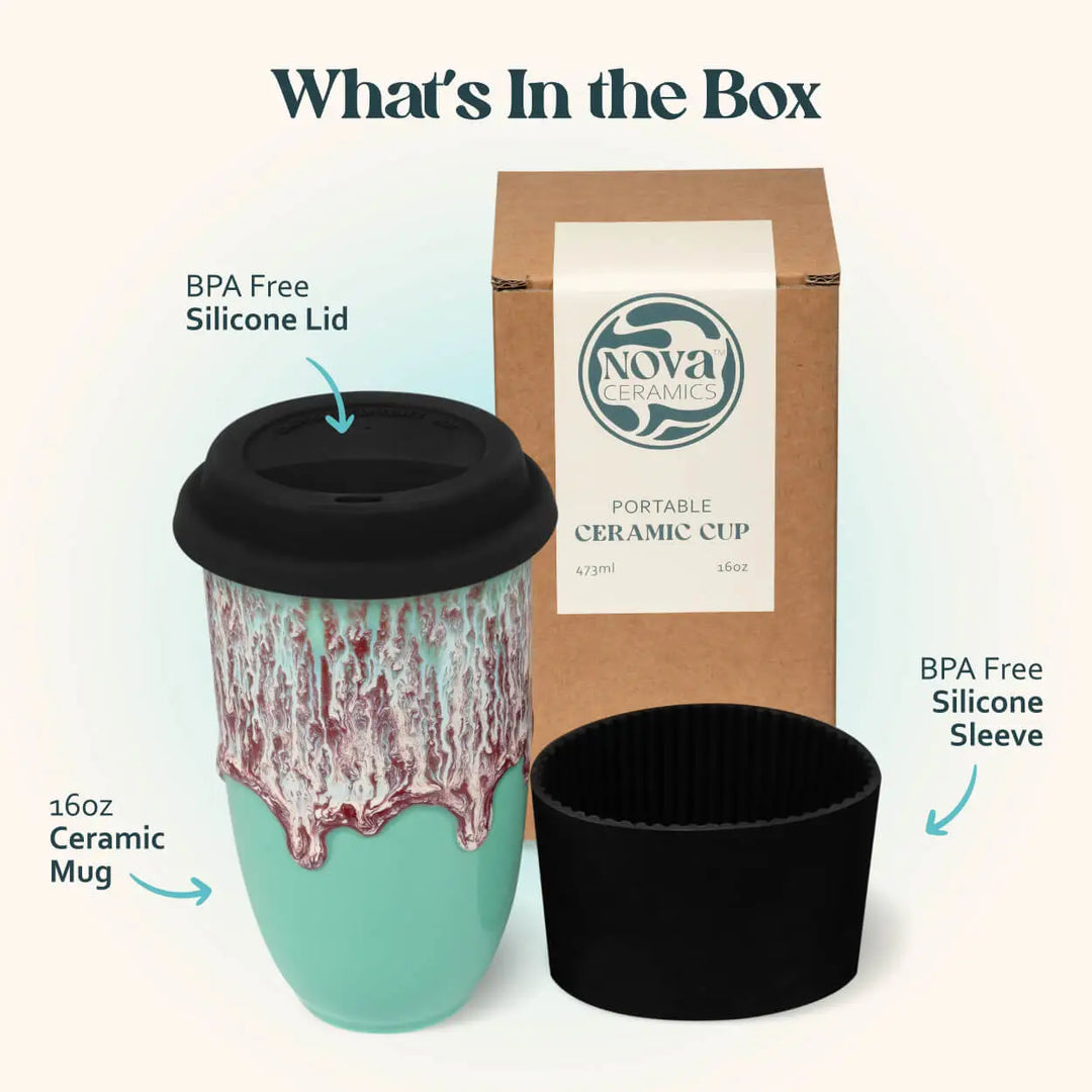 Nova Ceramics 16oz portable ceramic cup set with a black silicone lid, black silicone sleeve, and brown kraft packaging box, labeled &