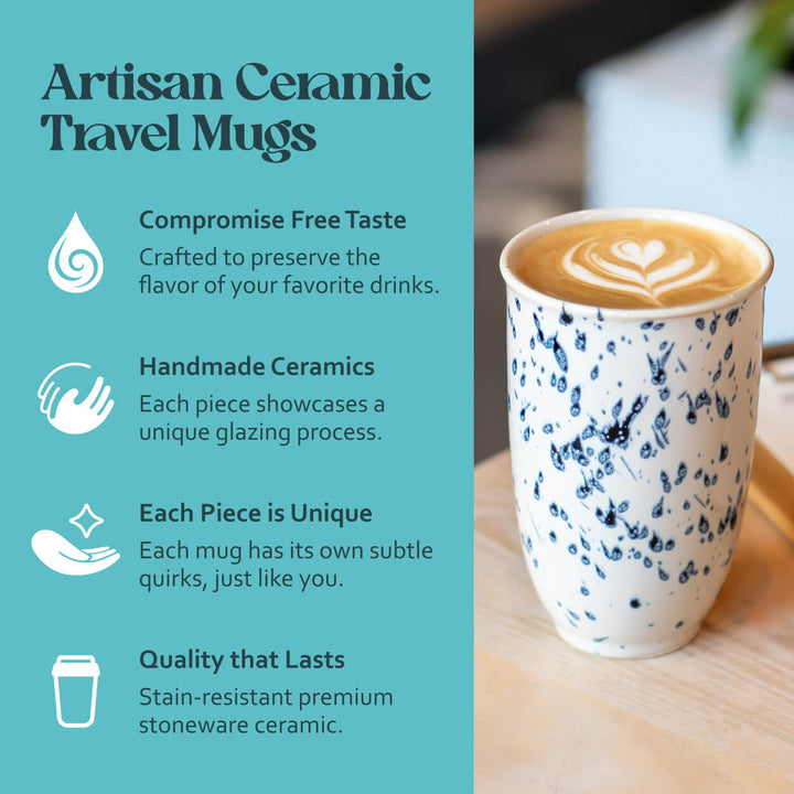 Artisan ceramic travel mug with blue speckled design on a wooden surface, next to text about the product.