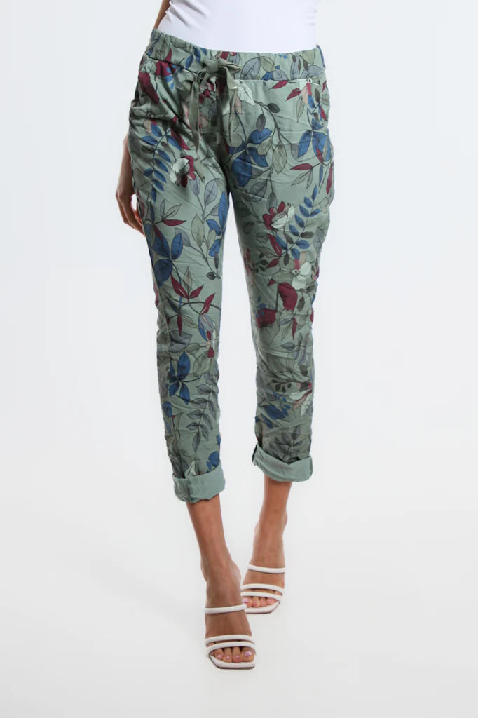 Collins Lovely Leaves Stretch Tie Waist Pant - Tees By Tina