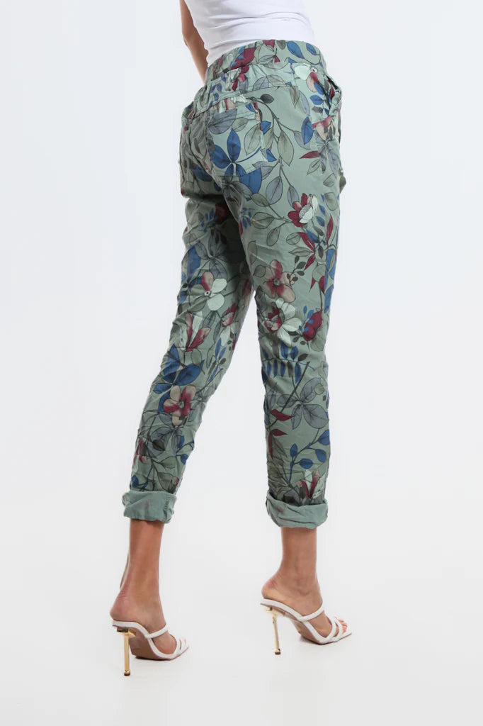 Collins Lovely Leaves Stretch Tie Waist Pant - Tees By Tina