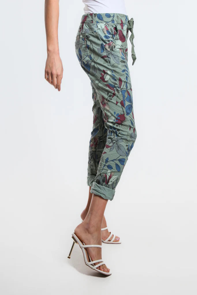 Collins Lovely Leaves Stretch Tie Waist Pant - Tees By Tina